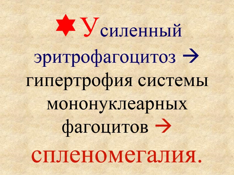 Усиленный эритрофагоцитоз  гипертрофия системы мононуклеарных фагоцитов  спленомегалия.